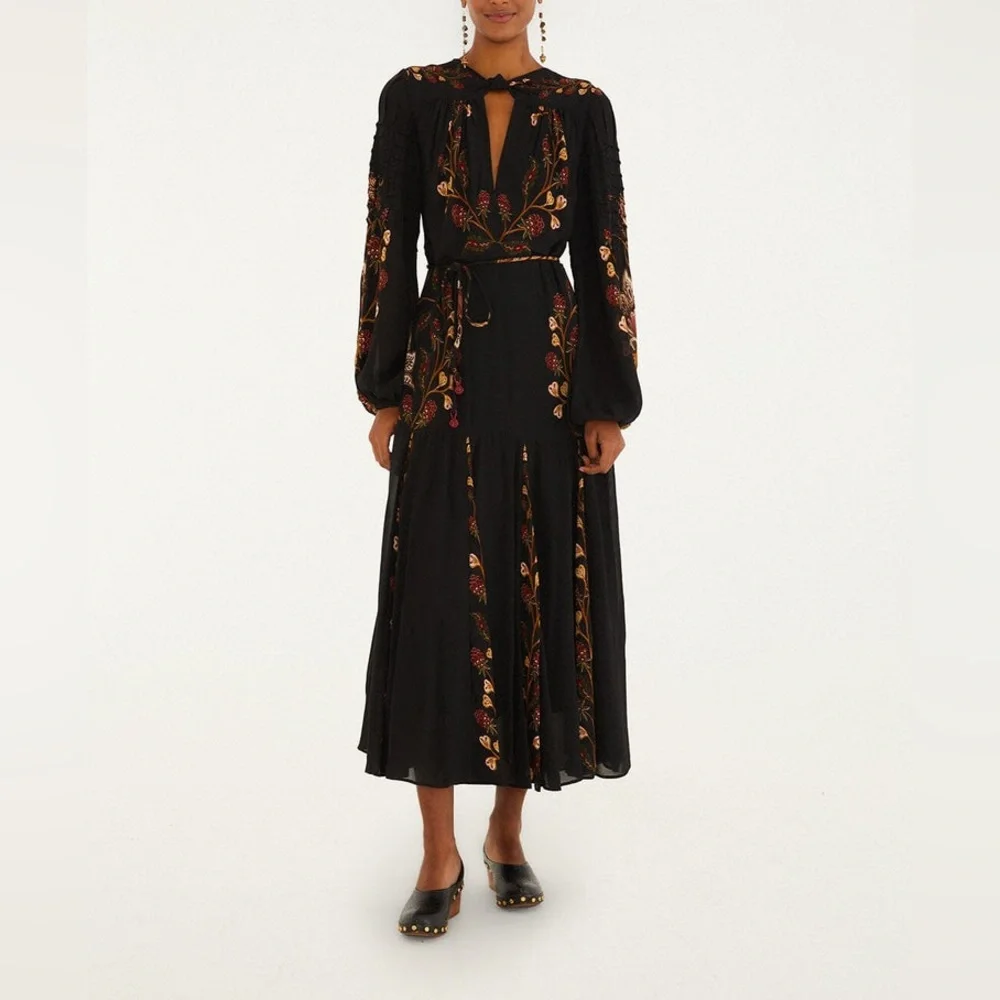 Farm Rio Black Berry Garden Long Sleeve Pleated Maxi Dress Size M - Picture 5 of 14